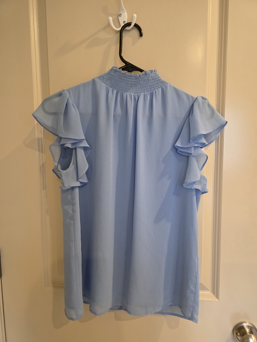 1. State Light Blue Smocked Neck Ruffle Sleeve Blouse